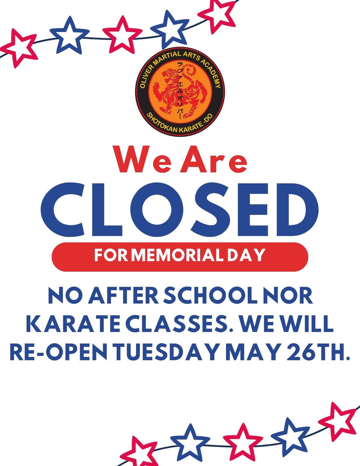 Memorial Day – OMA Karate Closed